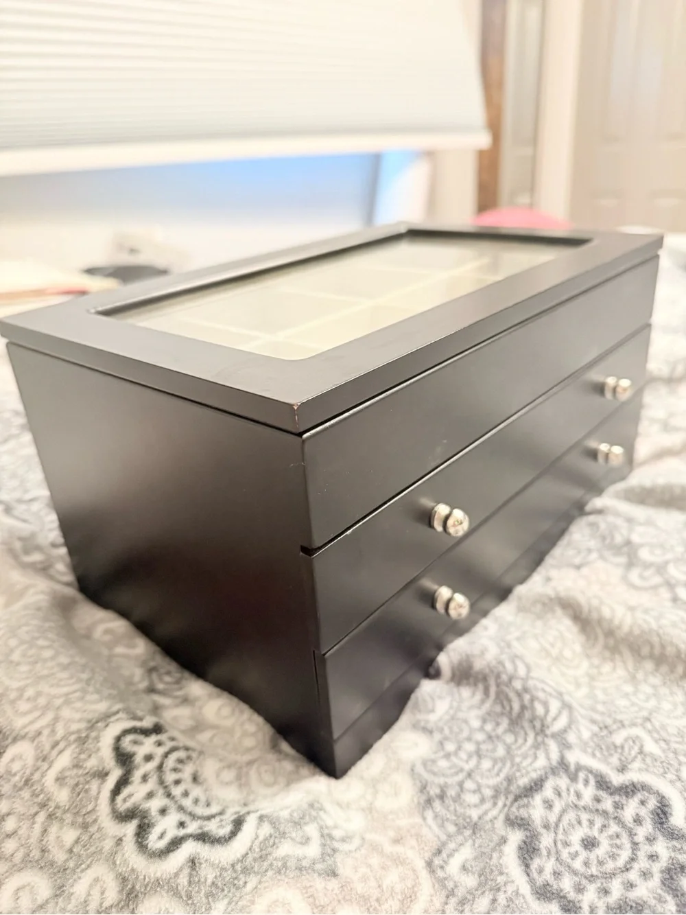 Elegant Black Wooden Jewelry Box & Watch Organizer – 3 Tiers